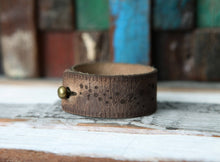 Load image into Gallery viewer, Crescent Moon &amp; Starts Leather Ruler Cuff with Bronze Stud
