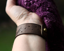 Load image into Gallery viewer, Luna Moth Leather Ruler Cuff with Bronze Stud
