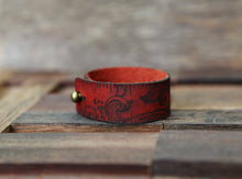 Load image into Gallery viewer, Crescent Moon &amp; Starts Leather Ruler Cuff with Bronze Stud
