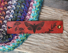 Load image into Gallery viewer, Leather Moth Shawl Cuff with Bronze Stud and Yarrow Plant
