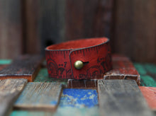 Load image into Gallery viewer, Crescent Moon &amp; Starts Leather Ruler Cuff with Bronze Stud
